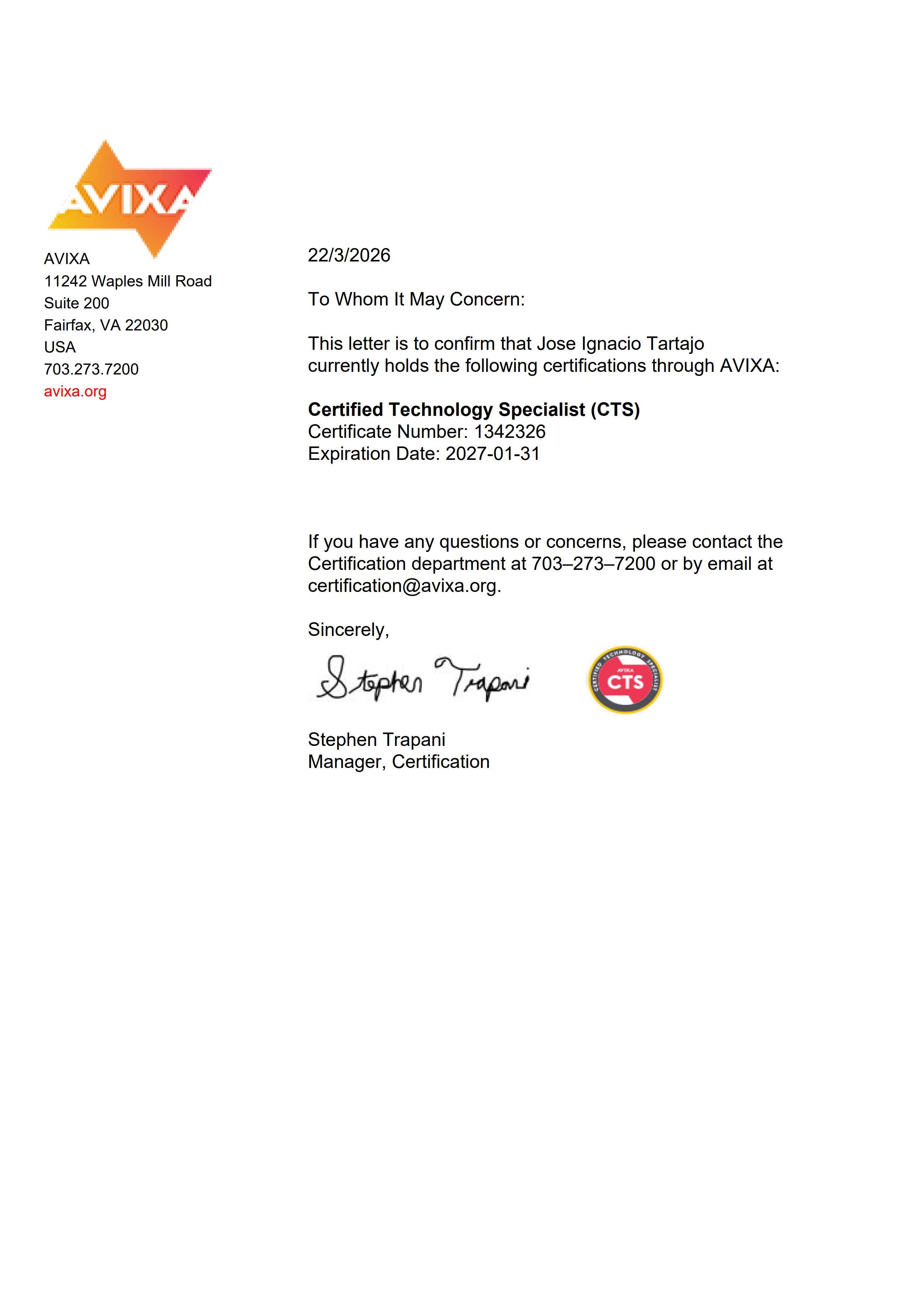 CTS Certificate - Jose Ignacio Tartajo - AVIXA